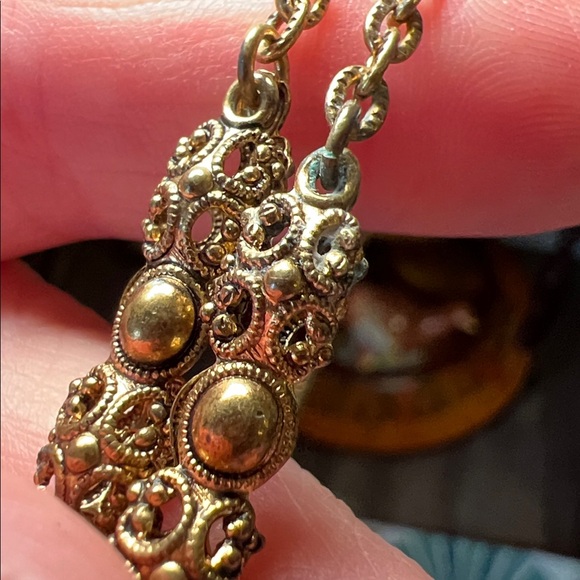 Vintage Mid Century West German Filigree Green Porphyry Slag Glass Necklace - Picture 8 of 12